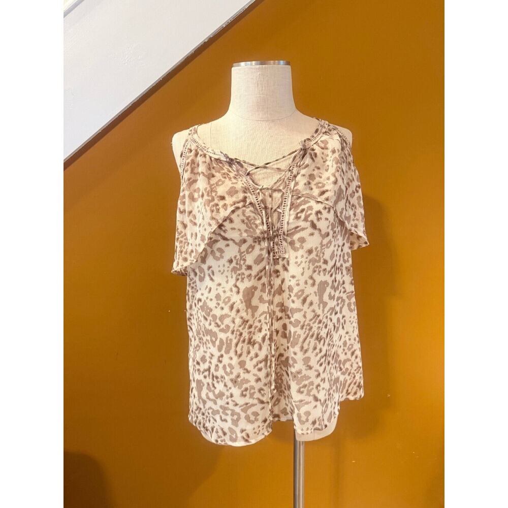 Cato Blouse Top Women's M White Brown Leopard Print Sleeveless Criss Cross Front